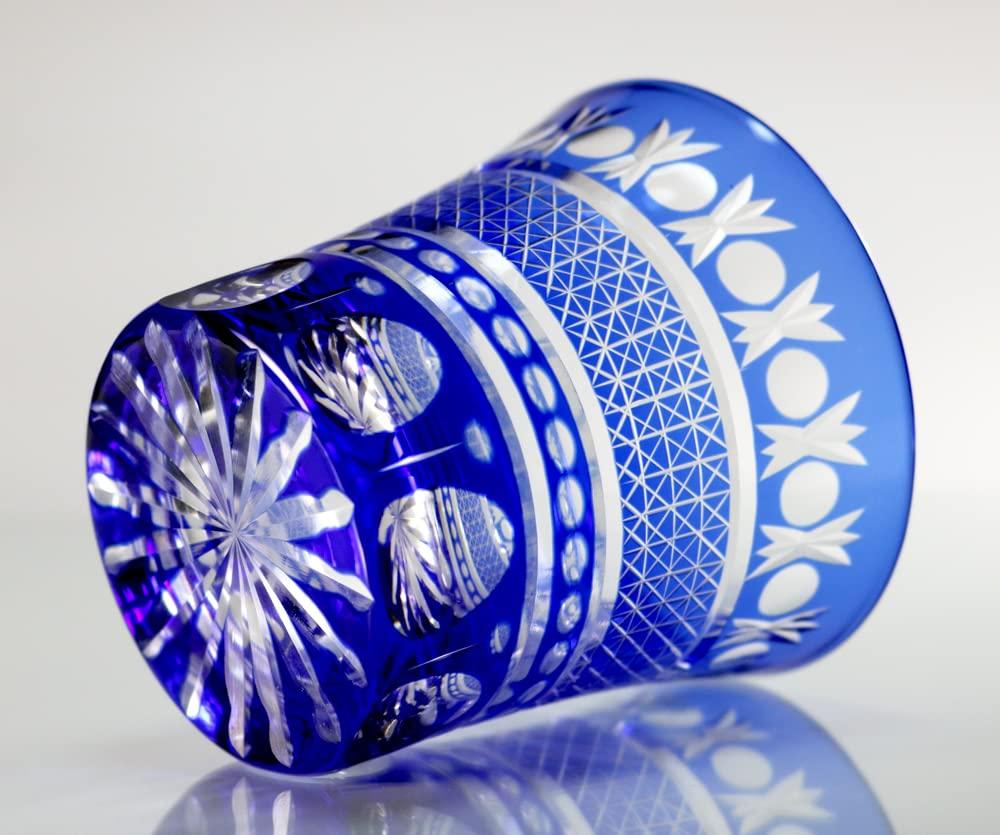 GREEM MARKET Crafts with Wooden Box Glasswork Kiriko Glass Cup Shochu Glass Kiriko Glass Product GMS00726 Number (Blue)