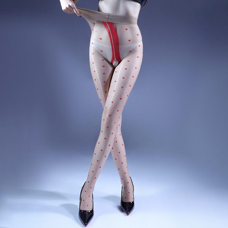 Women Stockings Sexy Heart Printed Ultra-Thin Pantyhose Oil Shiny Glossy Smooth Transparent Open Crotch Sockings Night Club Wear