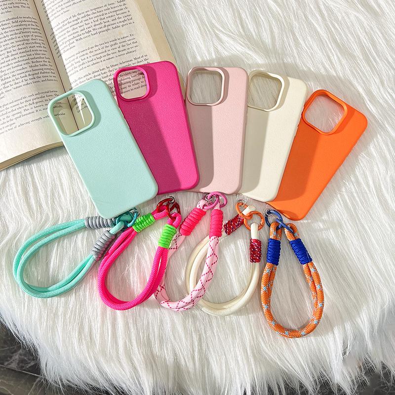 Cute Candy Leather Texture With Wrist Strap Case For iPhone 17 Air 16 15 14 11 12 13 16 Pro Max 16 Plus Solid Color Soft Cover