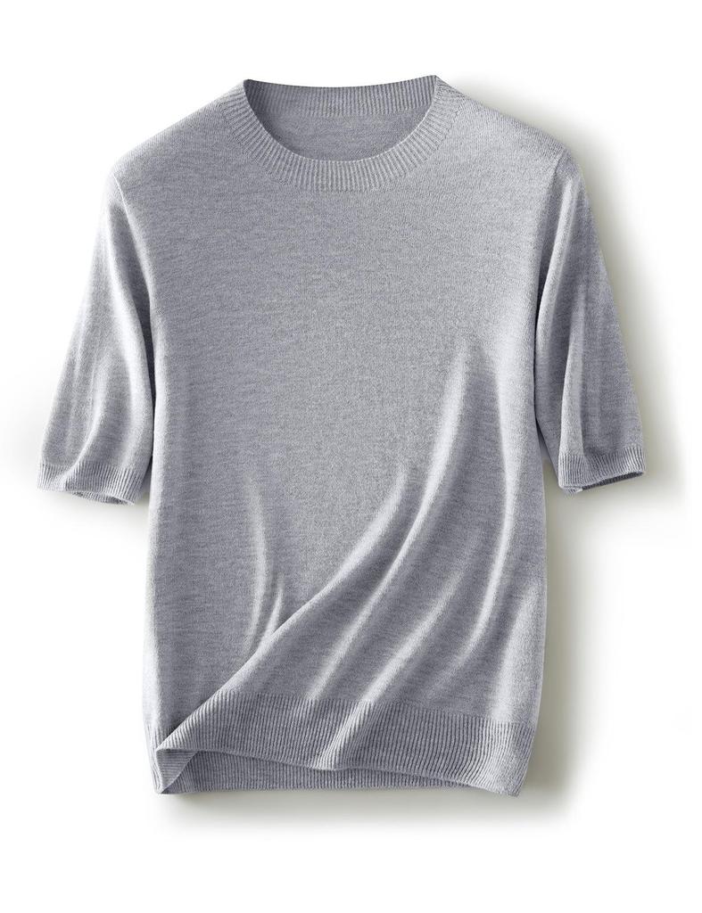 Women's Wool Knit Round Neck Short Sleeve Pullover Top