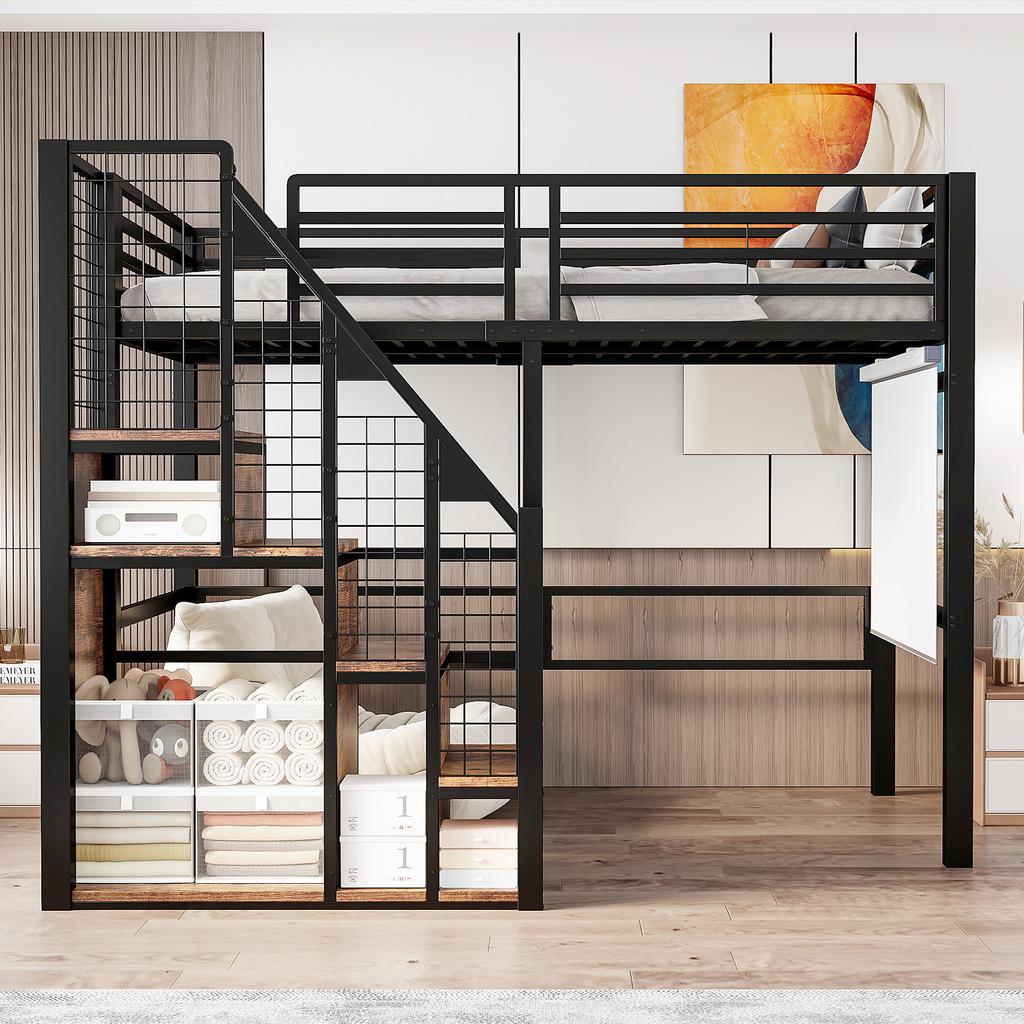 Loft Bed with Safety Ladder 90*200, Children's Bed with Iron Frame and Storage Area, Youth Bed, Single Bed, Black