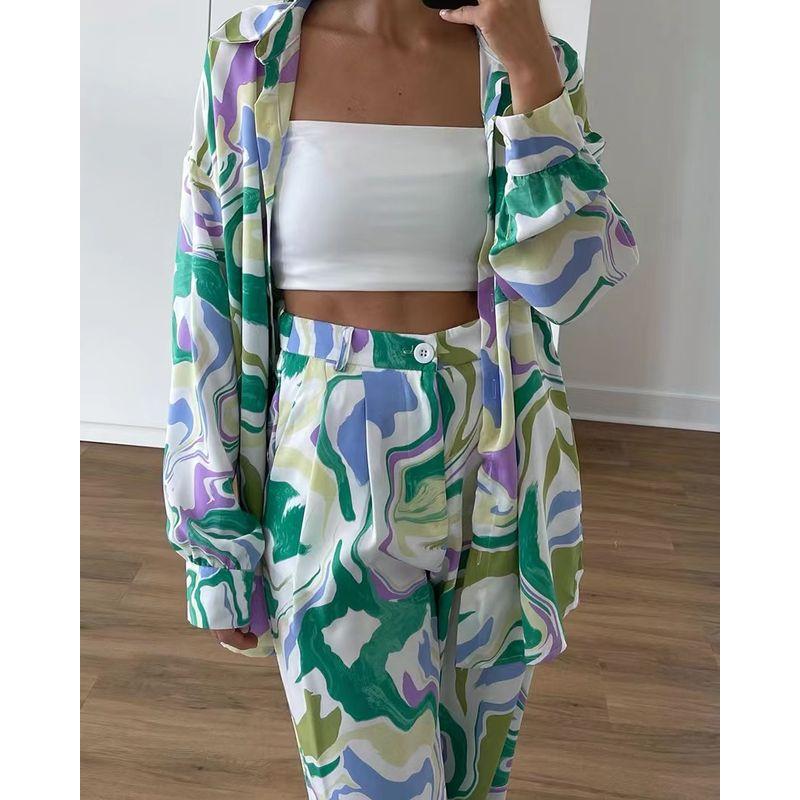 

Мода Новое поступление Мода Принт Рубашка Брюки Элегантный наряд Рубашка с принтом Комплект длинных брюк Print L