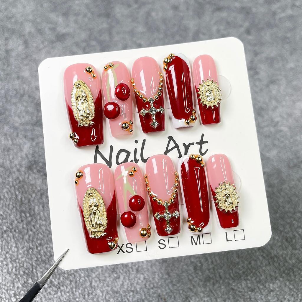 10Pcs Wine Red French Coffin Long Press On Nails Golden Baroque Retro Luxury Design Detachable Stick On Nails