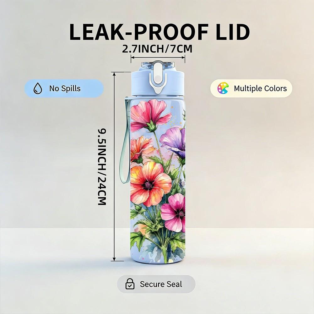1PC Pink Red Daisy Mixed Flower Print 750ml Color Plastic Sports Water Bottle Leakproof Flip Straw Lid Suitable for Sports Office Home Use