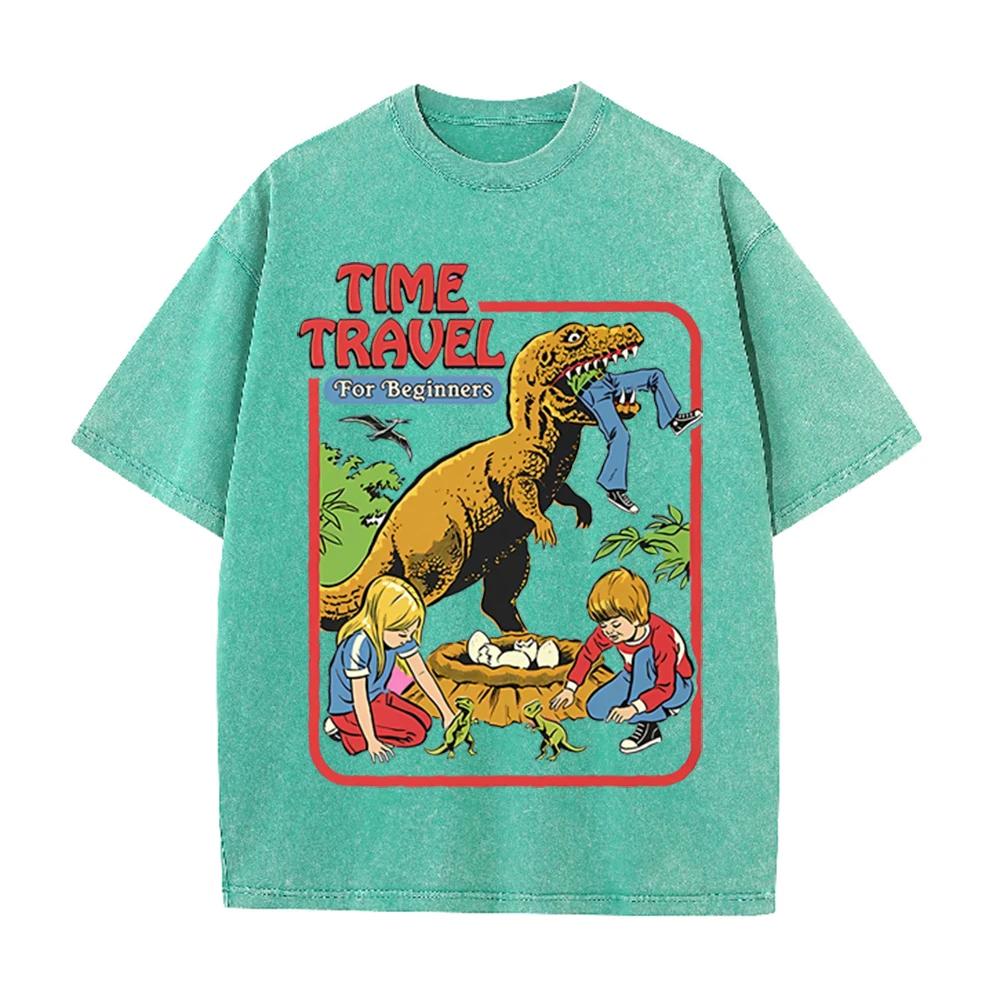 2026 Vintage Washed Beige Retro Dinosaur Kids Cartoon Graphic T Shirt Time Travel Animal Print Oversized Unisex Casual Short Sle
