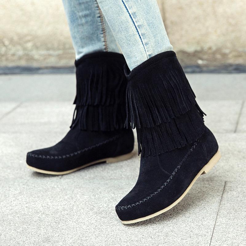 Large size - Martin boots medium tube European beautiful women's boots women's shoes fringed round head