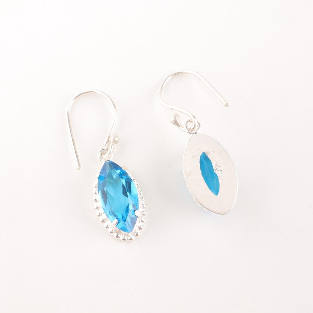Natural Swiss Blue Topaz Gemstone 925 Fine Silver Jewelry Handmade Earrings 1.4" EE-169-8