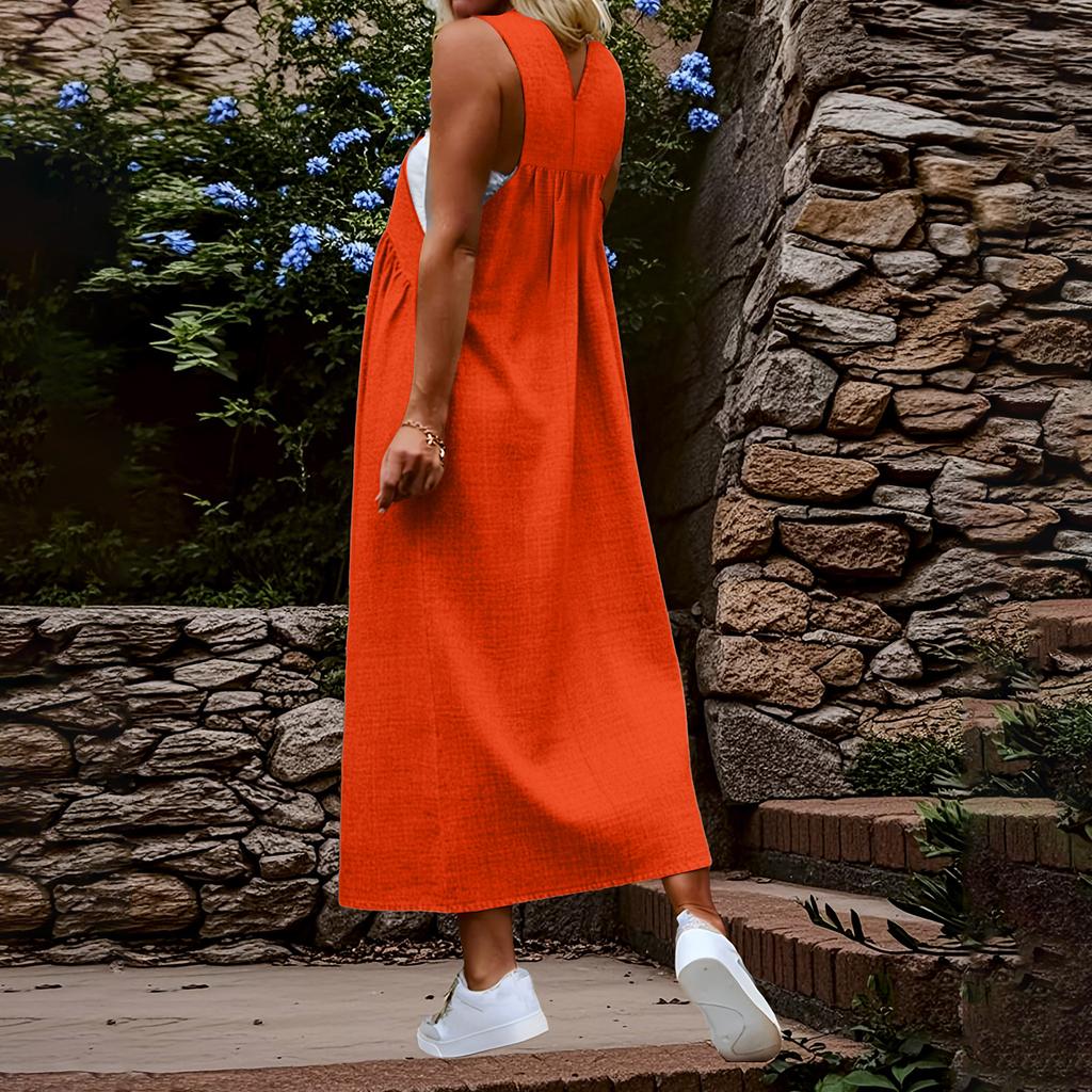 Women Sleeveless Solid Suspender Long Dress Casual Loose Fit Adjustable Strap Overall Style Maxi Skirt for Daily Wear