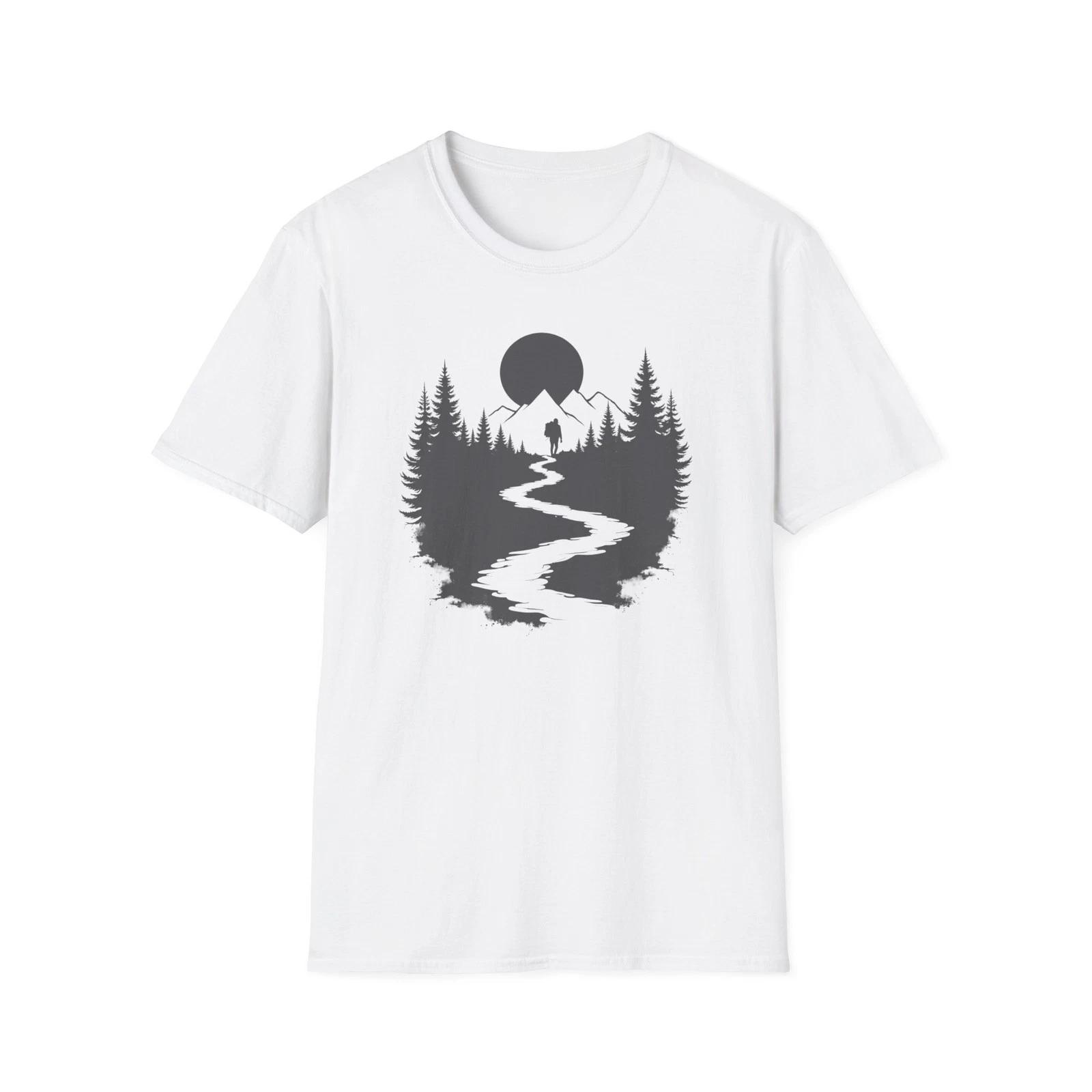 Mountain River Silhouette T-Shirt Monochrome | Forest Hiking Nature Tee M