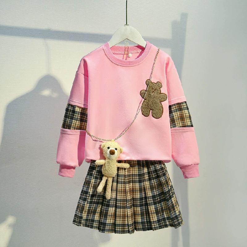 

Платье-костюм свитер для девочек Стиль колледжа знаменитости из сети Весна и осень Юбка из двух частей Маленькая девочка Западный стиль Клетчатая юбка 110 розовый