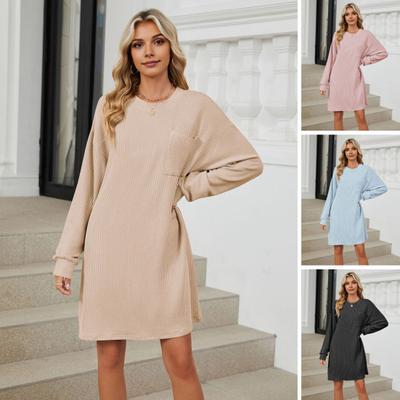 Autumn Spring Dress Thread Solid Color Loose Chest Pocket Long Sleeves O Neck