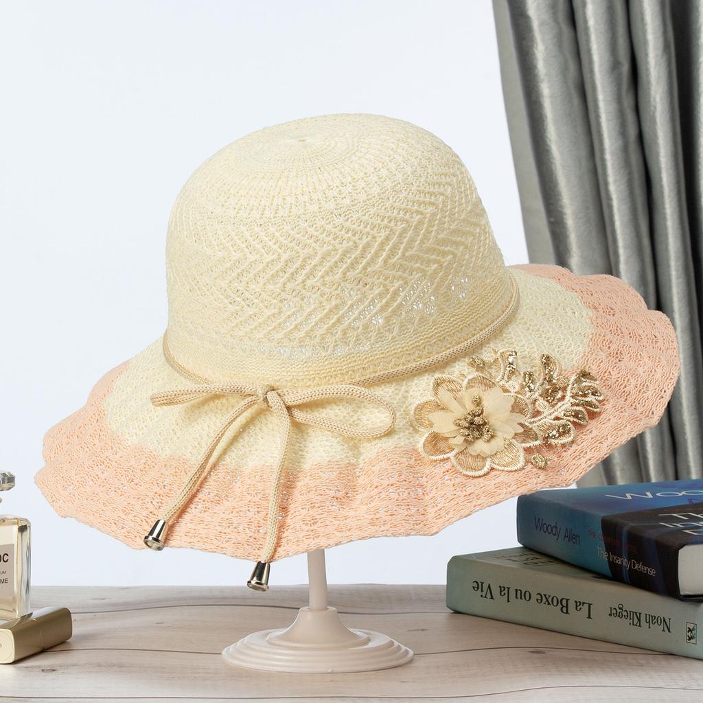 Foldable Women's Summer Hat, Beach Hat, Outdoor Grass Hat for Beach Travel, Sun Shading and Sun Protection, Bow Shaped Sun Hat