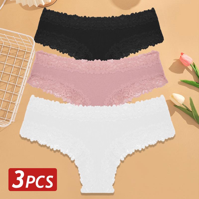 3PCS/Set Women Cotton Panties Floral Lace Brazilian Panties Sexy Low Waist Lingerie Female Soft Underwear Solid T-Back Bikini
