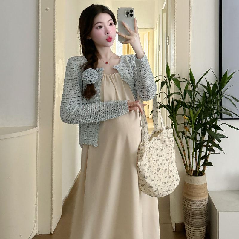 

2024 Autumn Maternity Fashion: Silky Loose Sling Dress & Hollow Knit Cardigan Double Extra Large