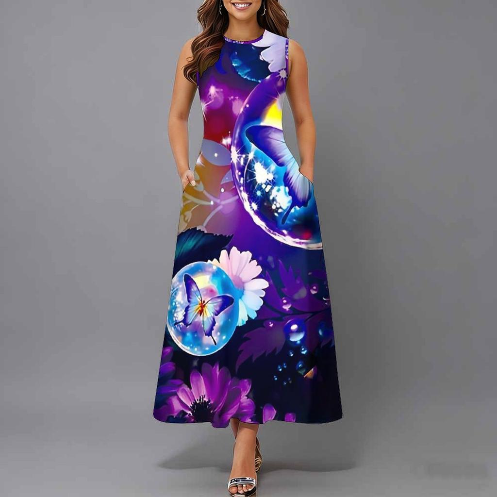 Ladies Oversized Sleeveless Crew Neck Dress Gentle Watercolor Floral Clusters Loose Mid Length Gown