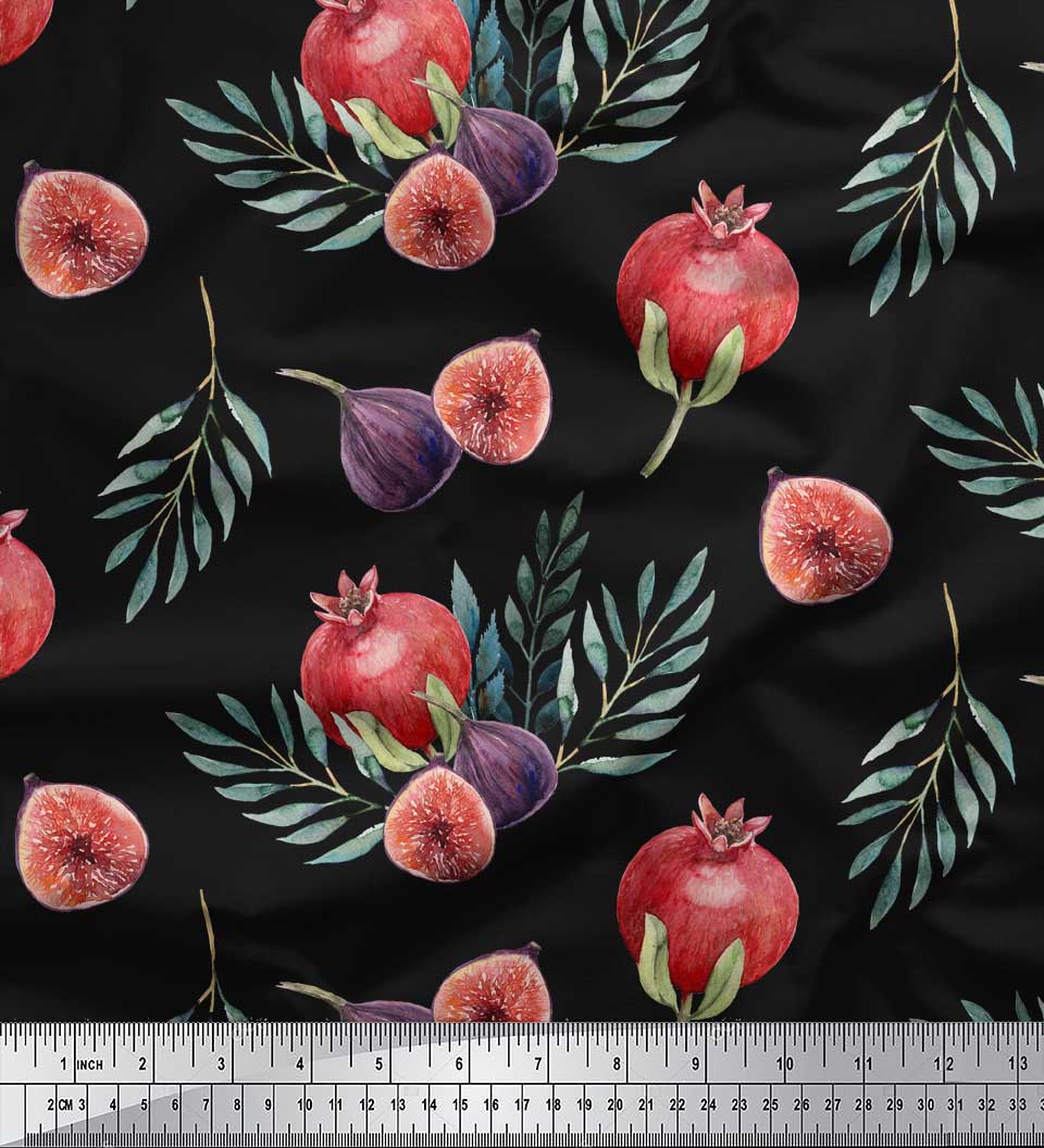 

Тканина Soimoi Red Japan Crepe Satin Тканина з принтом Гранат і фрукти інжиру на метри 42 дюйма 42 Inch Wide - Poly Crepe чорний
