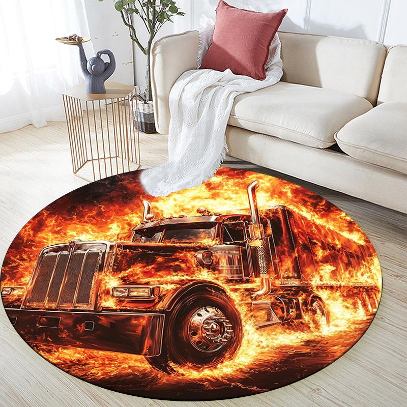 

Fire Car Round Area Rug,Carpet Rug for Living Room Bedroom Sofa Playroom Decor,Non-slip Floor Mat 80cmx80cm
