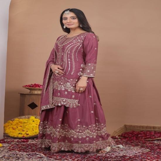 Mauve Silk Blend Embroidered Sharara Suit Set with Dupatta