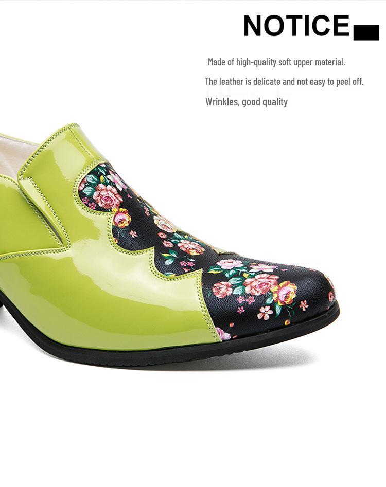 Men's Ethnic Style Autumn Floral Leather Shoes - Pointed Toe, Increased Height, Large Size, Formal & Casual, European & American Design.