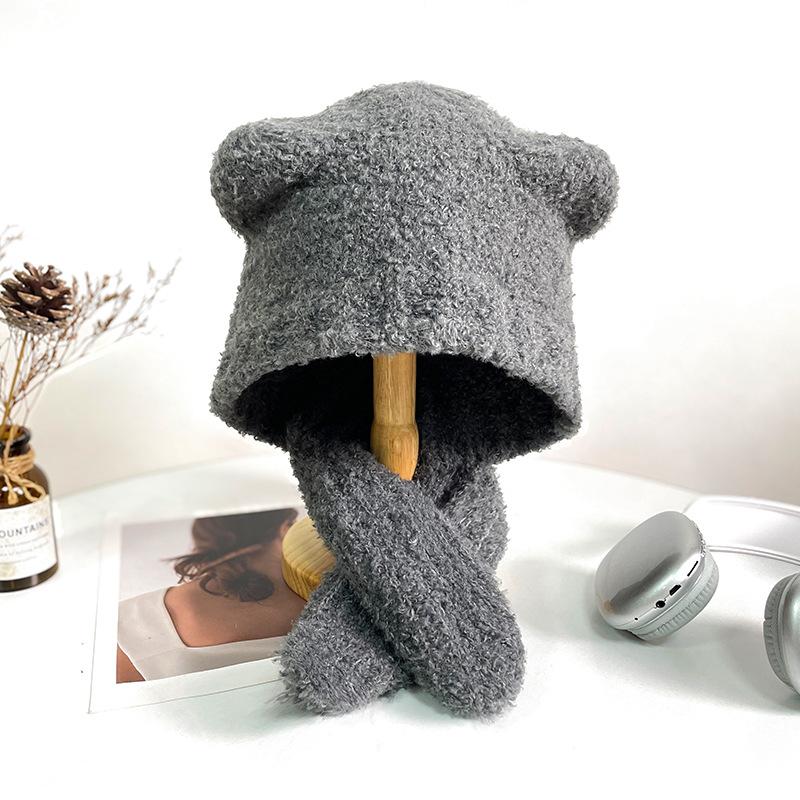 Plush Bear Ears Knitted Hat Women's Autumn and Winter Face Revealing Small Maillard Style Beanie Warm Big Head Cold Hat