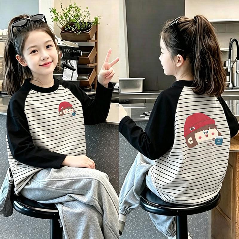 Korean Girls' Striped Cotton Long-Sleeve T-Shirt for Spring/Autumn - Medium & Large Children