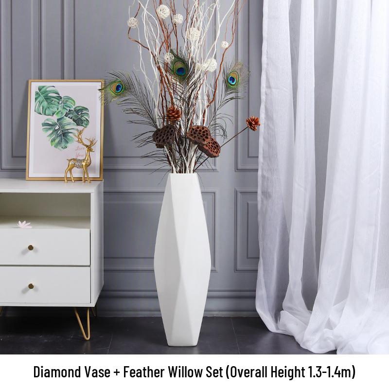 Nordic Minimalist Ceramic White Floor Vase for Dried Flowers and Lucky Bamboo, Living Room Decor