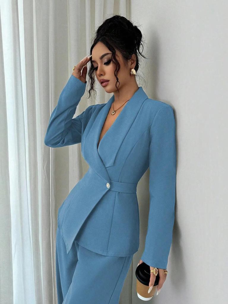 Women's European & American Spring/Autumn Fashion V-Neck Long Suit with Wide-Leg Pants Set
