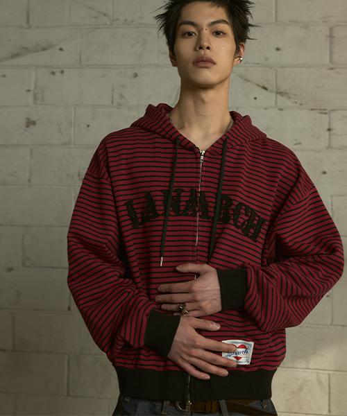 Lanarchive [0116] Logo Applique Stripe Zip-Up Hoodie - Red