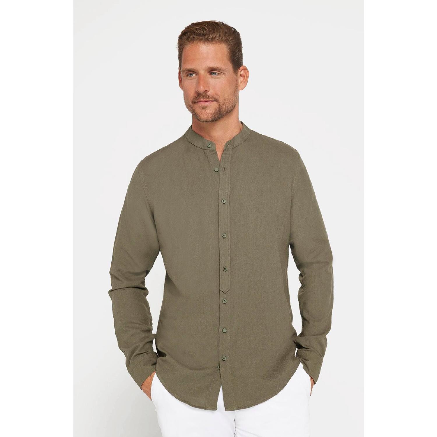 

Мужская приталенная рубашка цвета хаки с длинным рукавом из 100% хлопка и льна с текстурным воротником S спаржевый