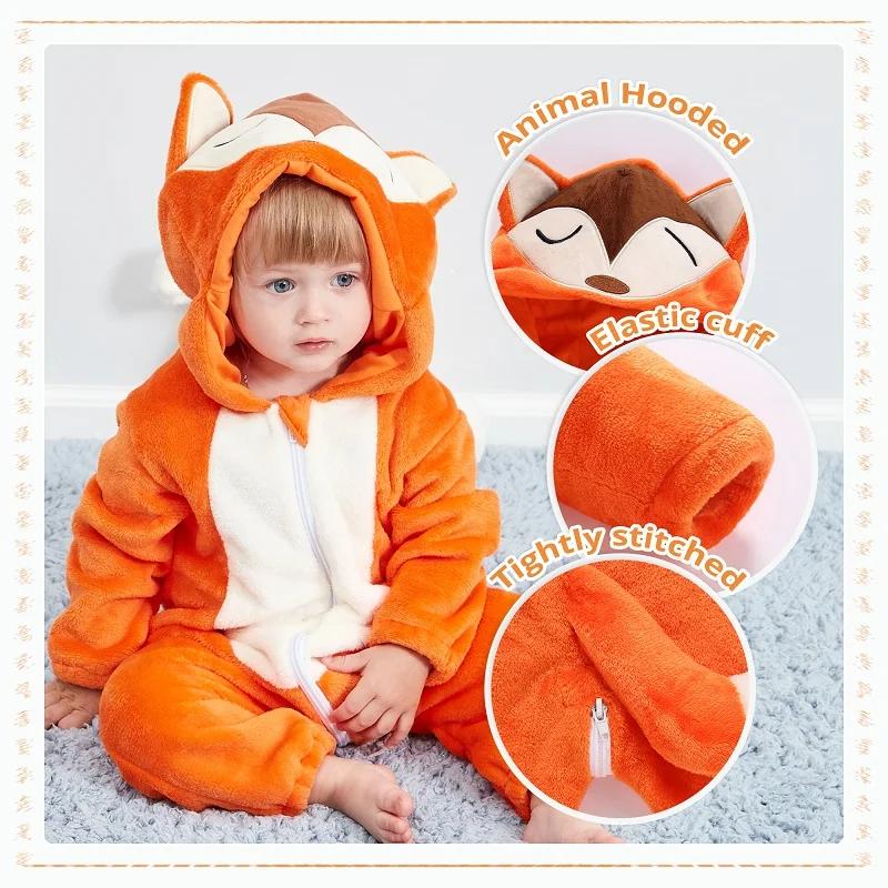 Winter Halloween Dinosaur Kigurumi Cosplay Clothes Hooded Animal Cow Monkey Unicorn Onesies Baby Thick Romper Newborn Jumpsuit