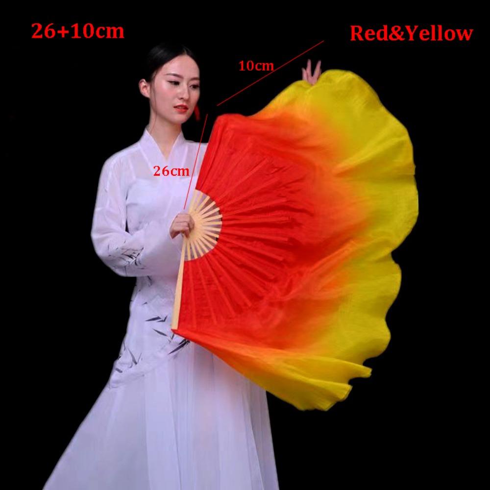 

26/31cm Bamboo Chinese Short Bellydance Fan Hand Dye Adults Fan Veil Pairs Yangko Dance Tools Red&Yellow 36cm