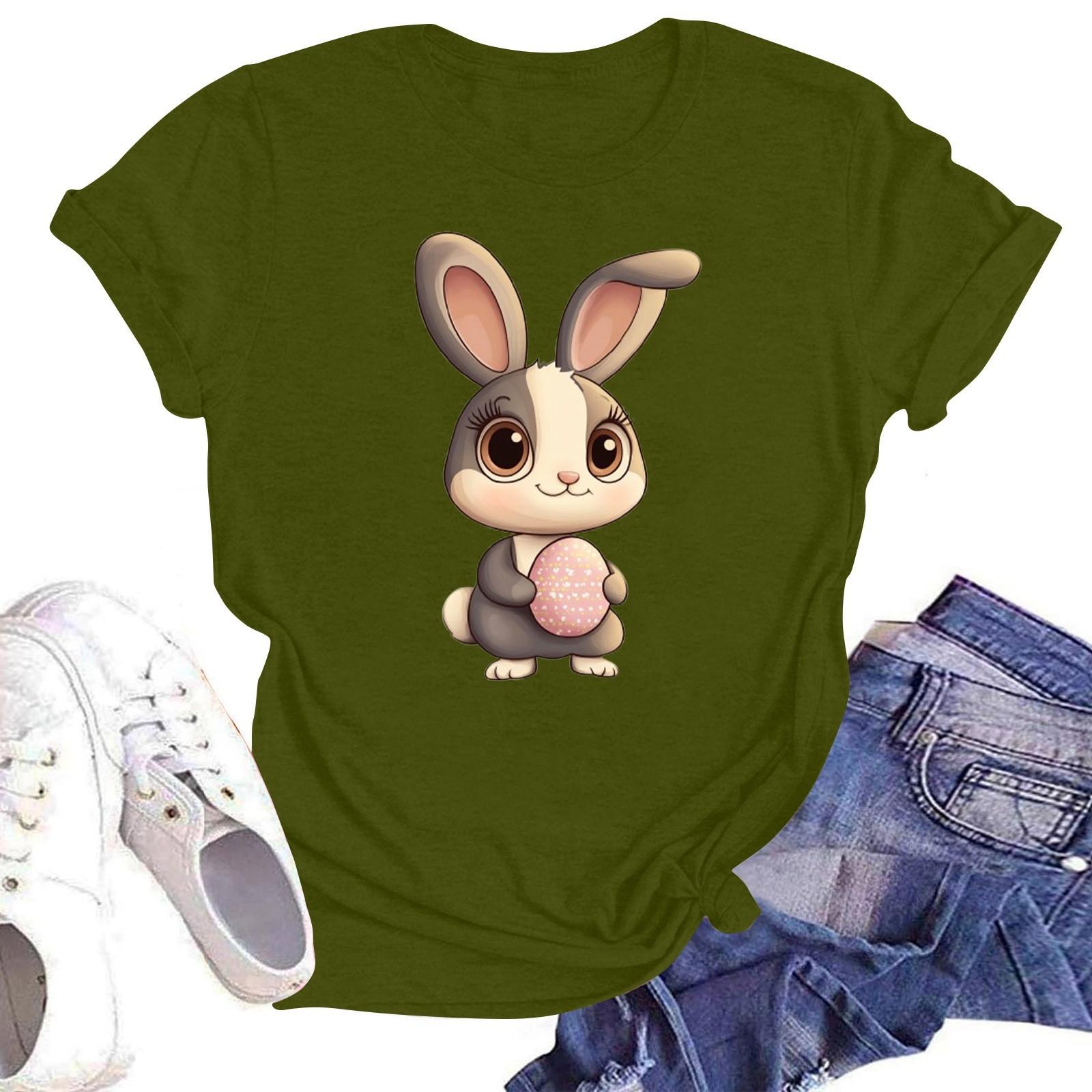 

Счастливой Пасхи женская мода принтованный круглый вырез короткий рукав футболка пуловер топ L армия зеленый