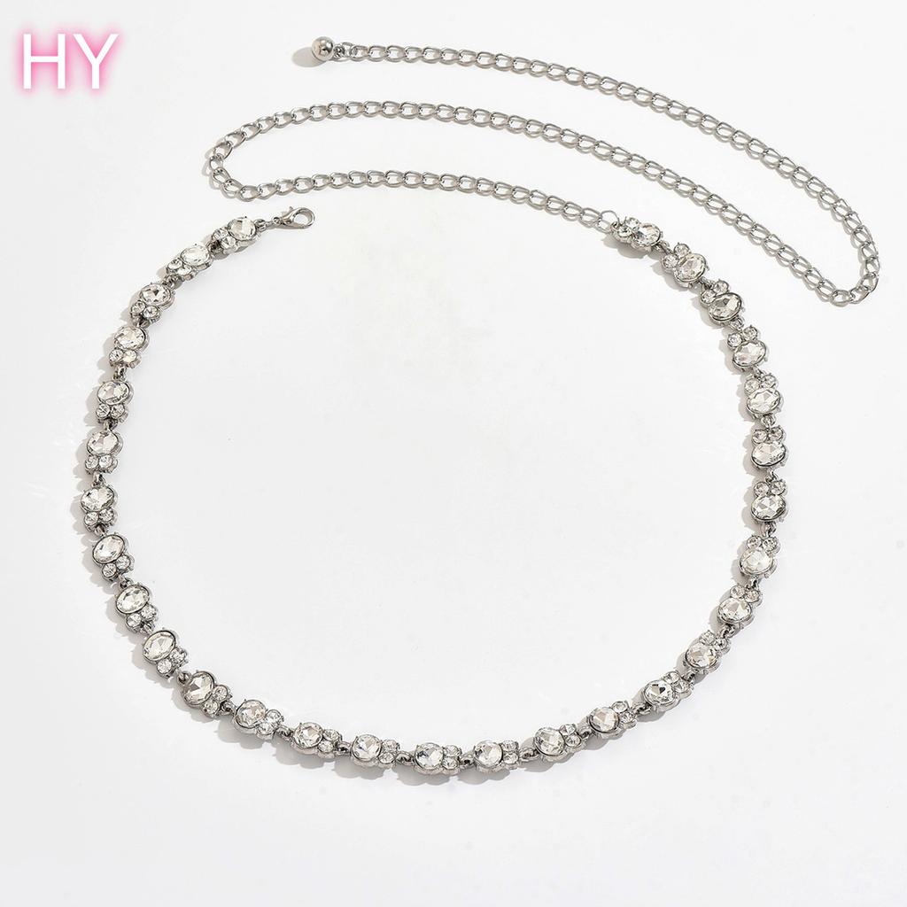 HY Women Figure 8 White Rhinestone Geometric Fine Beach Sexy Belt Slender Waist Body Chain Versatile Dress Accessories