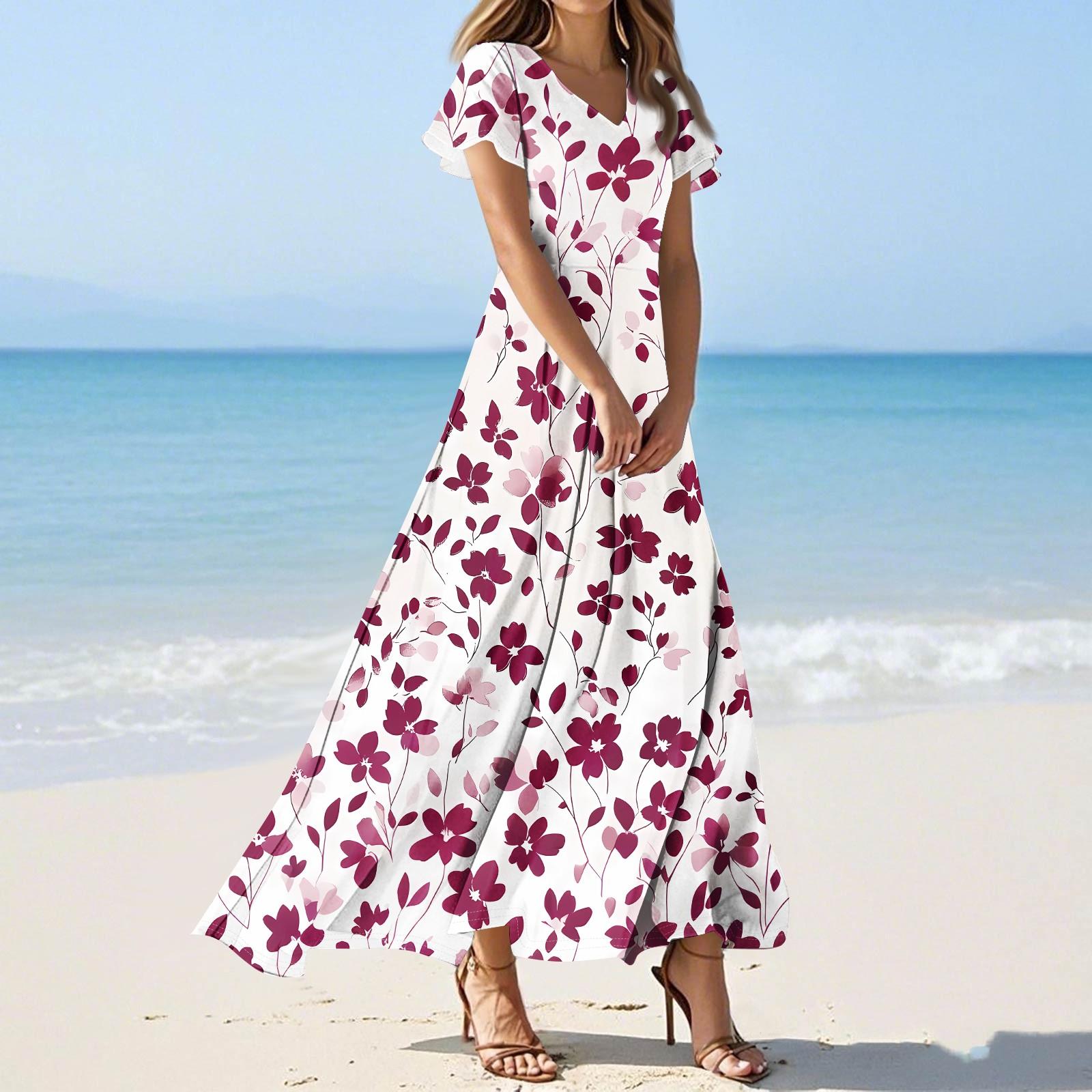 

Women s Casual Fashion Print Long Dresses V-Neck Short Sleeve Dresses XL фіолетовий