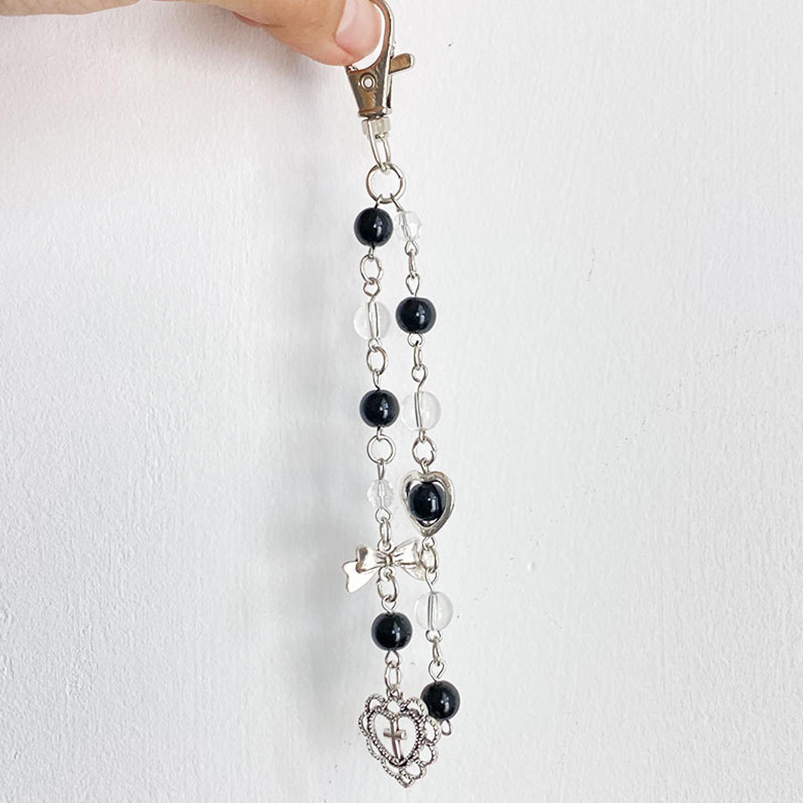 

Брелок из обсидиана с бусинами ручной работы Y2k, брелок в форме сердца, креста и банта, милый милый брелок для ключей, подарок для женщин и девочек 3