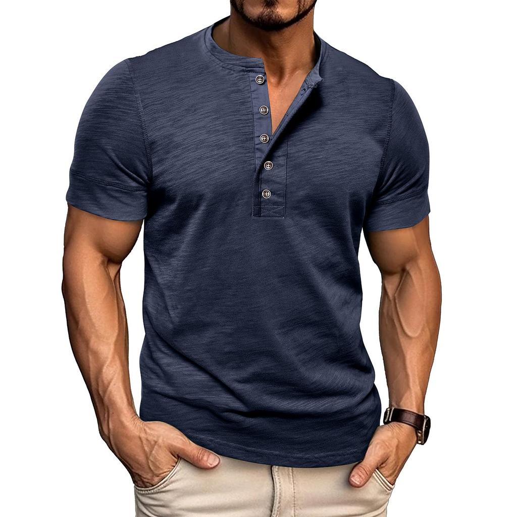 Men’s T-shirts Henley Collar Short Sleeves Cotton Polo Shirts Solid Color Casual Tops