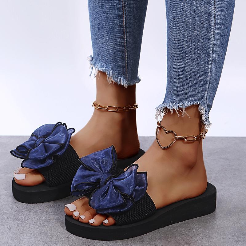 Mode Damen Keilabsatz Sandalen Sommer Neu Runde Zehenpartie Offene Zehen Stoff mit Schmetterlingsknoten Dicke Sohle Rutschfest Abriebfest Hausschuhe