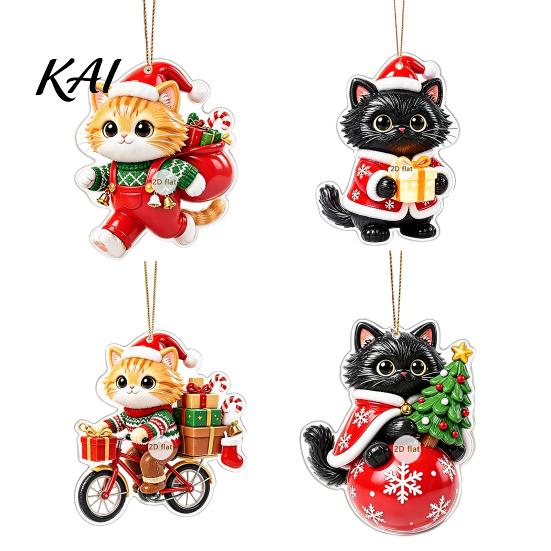 Acrylic Holiday Ornaments Christmas Cat Pendant with Hanging Rope, 2D Flat Ornament for Xmas Tree Unique Gift Ideas Decoration, Cute Decor,