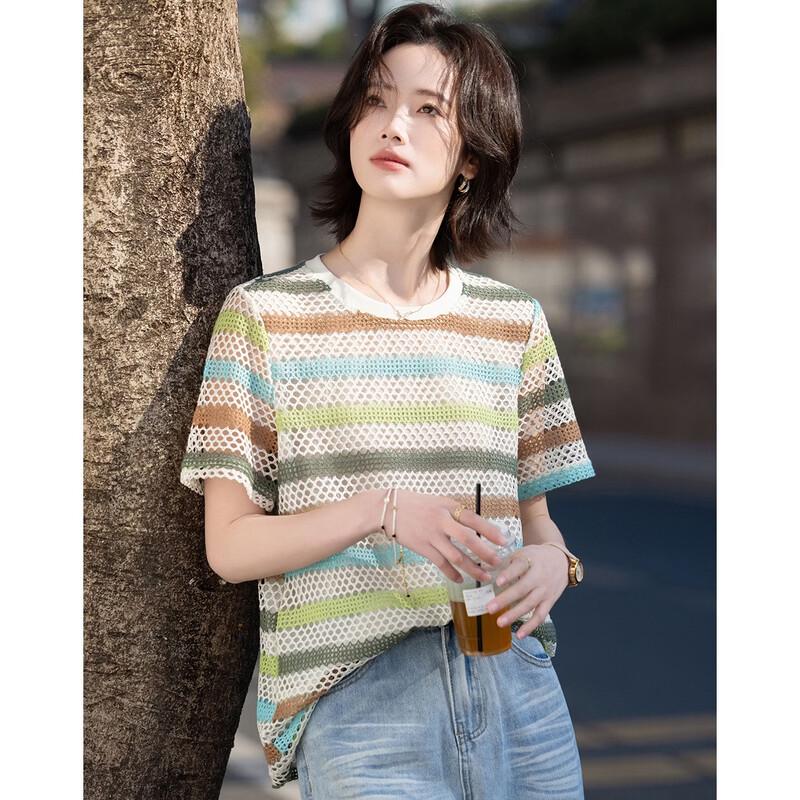 De Mana Women's Cloud Cotton Striped Short-Sleeve T-Shirt