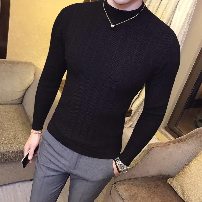 2026 Men's Striped Slim-Fit Knitwear: Autumn/Winter Long-Sleeved Half-High Neck Base Layer