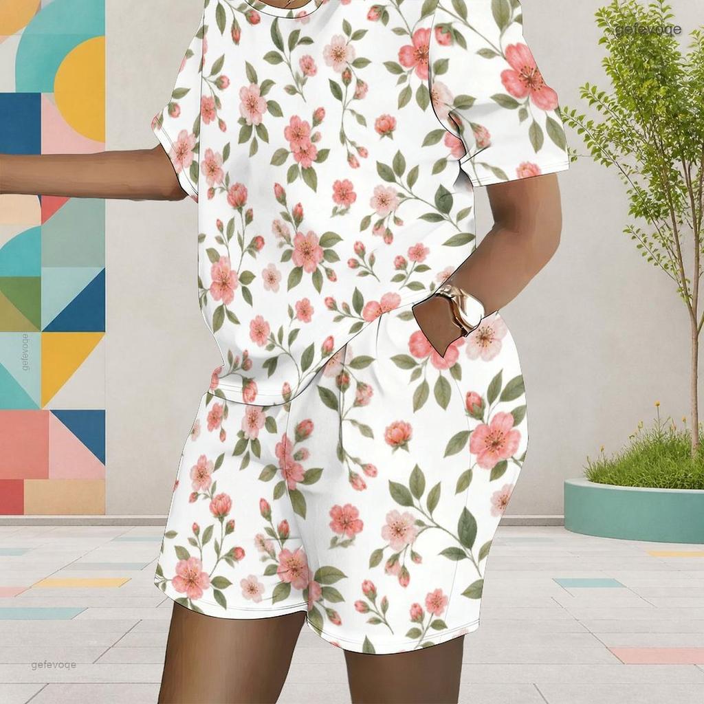 Women Plus Size Floral Printed Round Neck Short Sleeve Top Pocket Shorts Two Piece Set