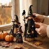 Hand Painted Witch Theme Gifts Halloween Wooden Ornaments, Distressed Figurines, Retro Tabletop Black Cat And Crow Holiday Accents Decoration