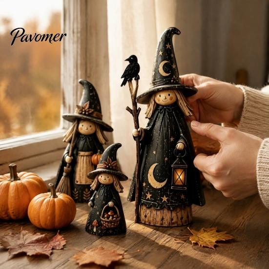 Hand Painted Witch Theme Gifts Halloween Wooden Ornaments, Distressed Figurines, Retro Tabletop Black Cat And Crow Holiday Accents Decoration