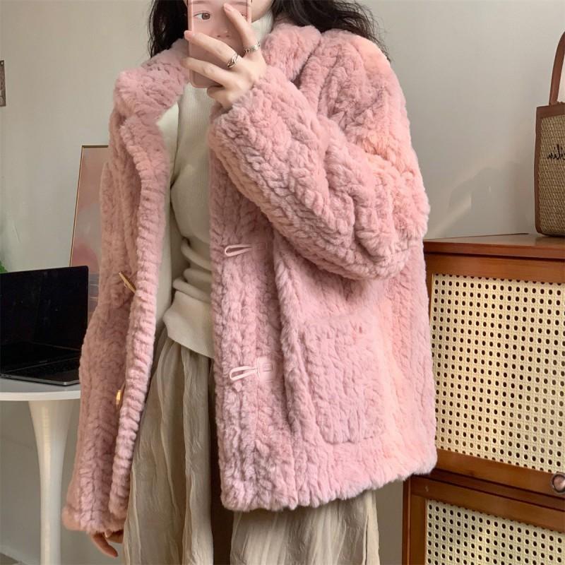 Lamb Wool Coat Women Winter Thick Imitation Otter Rabbit Hair Loose Plush Horn Buckle Round Collar W All-match Student