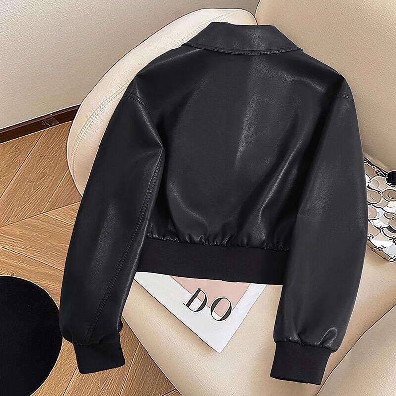 Shechi Women's Spliced Lapel PU Leather Biker Jacket