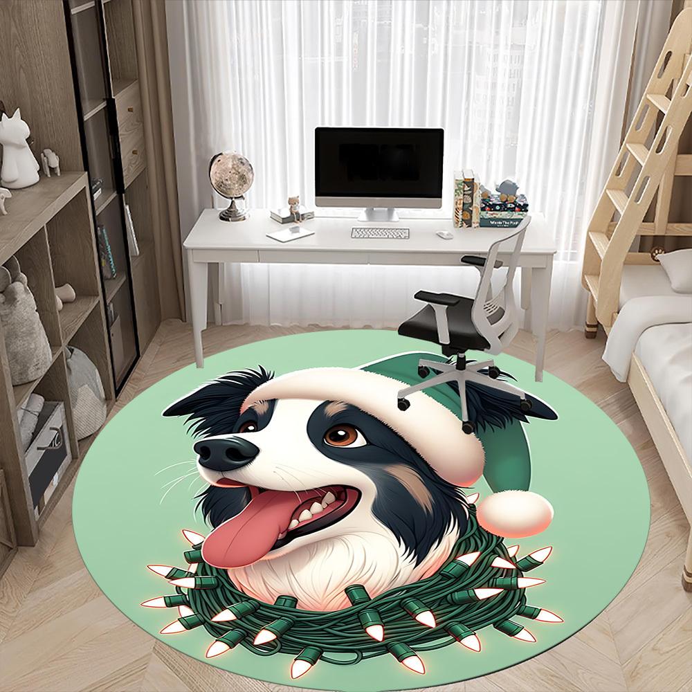 1PC Christmas Dog Office Round Area Rug,  Mat Suitable ForOffice, Under Office Chairs Bedroom Living Room Home Decor, Room Deco