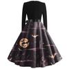 Halloween Print Flare Dress For Women Long Sleeve Dress Hollow Party Casual Round Neck Dresses