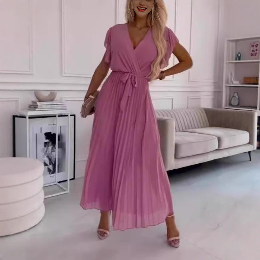 European & American Chic Beach Long Dress: Slimming Sexy Ruffle Sleeve Chiffon Pleated Skirt