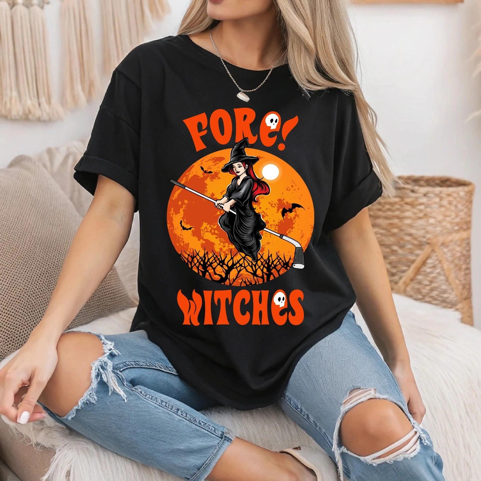 Fore! Witches Shirt, Golf Witch Riding Golf Stick Funny Halloween Unisex T- Shirt M