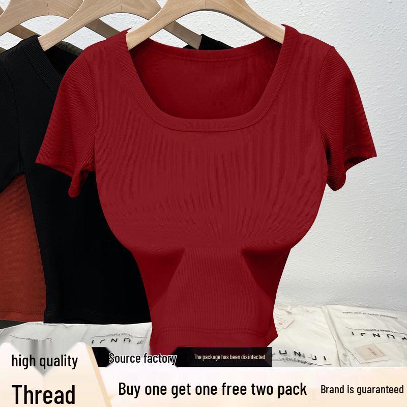 

Plus Size Threaded Cropped T-Shirt: Sexy, Slimming, Versatile Short Sleeve for Women s Fashion 4XL (155-175 jin) вина червоного кольору